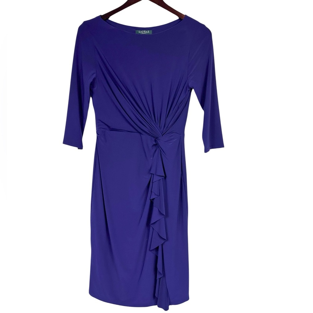 Lauren Ralph Lauren Women’s Twisted-Knot Ruched Size Ruffle Jersey Dress Size 6 - Picture 2 of 9